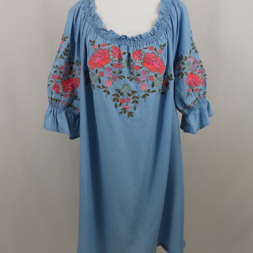 🌹Ana Boho Off Shoulder Embroidered Roses Mini Dress or Shirt Sz. XXL